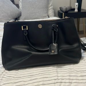 Tory Burch Black Textured leather Robinson tote with long & short straps.